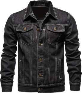 Men's Denim Jacket Vintage-Inspired Jean Jacket with Multiple Pockets - Cotton Blend, Machine Washable