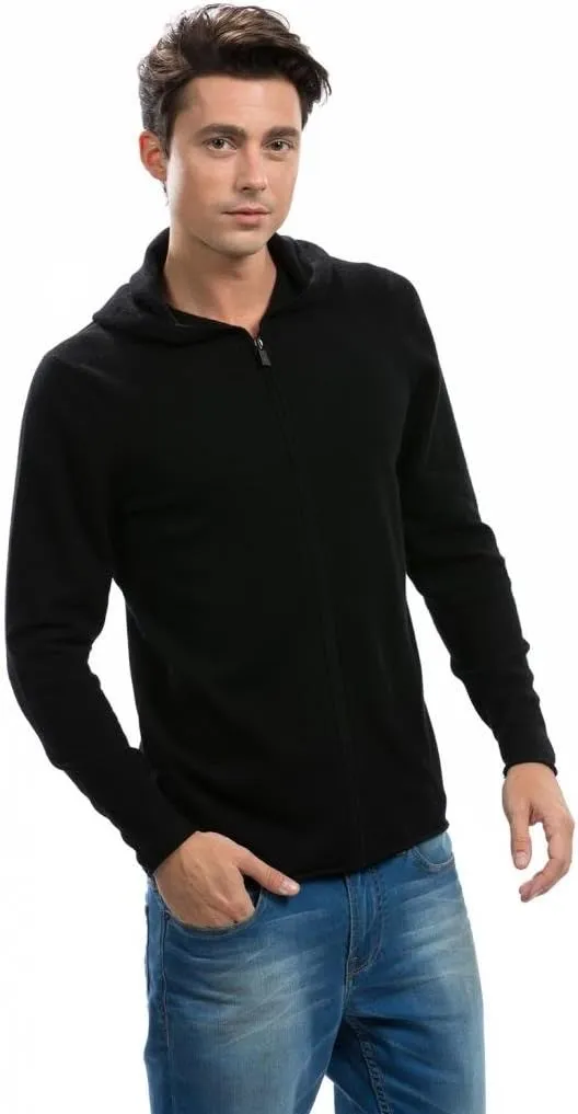 Men's Hoodie - Pure Cashmere Full-Zip Sweatshirt No Pockets Long Sleeves Hand-Knitted