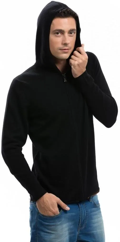 Men's Hoodie - Pure Cashmere Full-Zip Sweatshirt No Pockets Long Sleeves Hand-Knitted