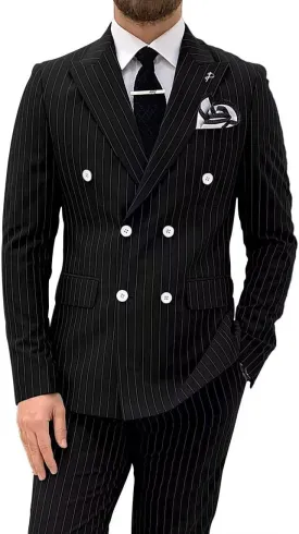 Men's Pinstripe Suit 2 Pieces Regular Fit Double-Breasted Blazer Pants for Wedding Suit Groom Prom Tuxedo Suit
