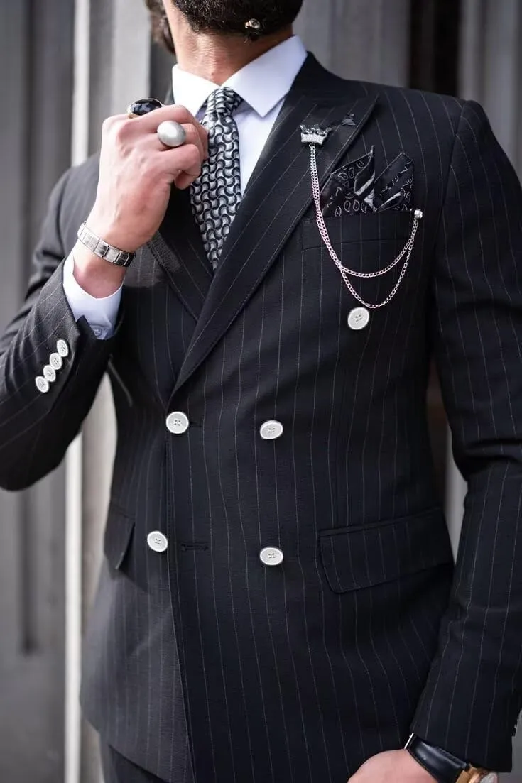 Men's Pinstripe Suit 2 Pieces Regular Fit Double-Breasted Blazer Pants for Wedding Suit Groom Prom Tuxedo Suit
