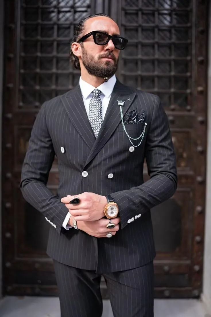 Men's Pinstripe Suit 2 Pieces Regular Fit Double-Breasted Blazer Pants for Wedding Suit Groom Prom Tuxedo Suit