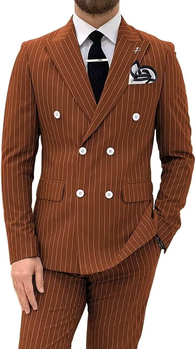 Men's Pinstripe Suit 2 Pieces Regular Fit Double-Breasted Blazer Pants for Wedding Suit Groom Prom Tuxedo Suit