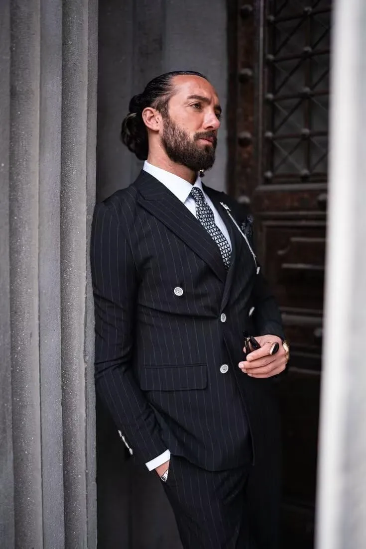 Men's Pinstripe Suit 2 Pieces Regular Fit Double-Breasted Blazer Pants for Wedding Suit Groom Prom Tuxedo Suit