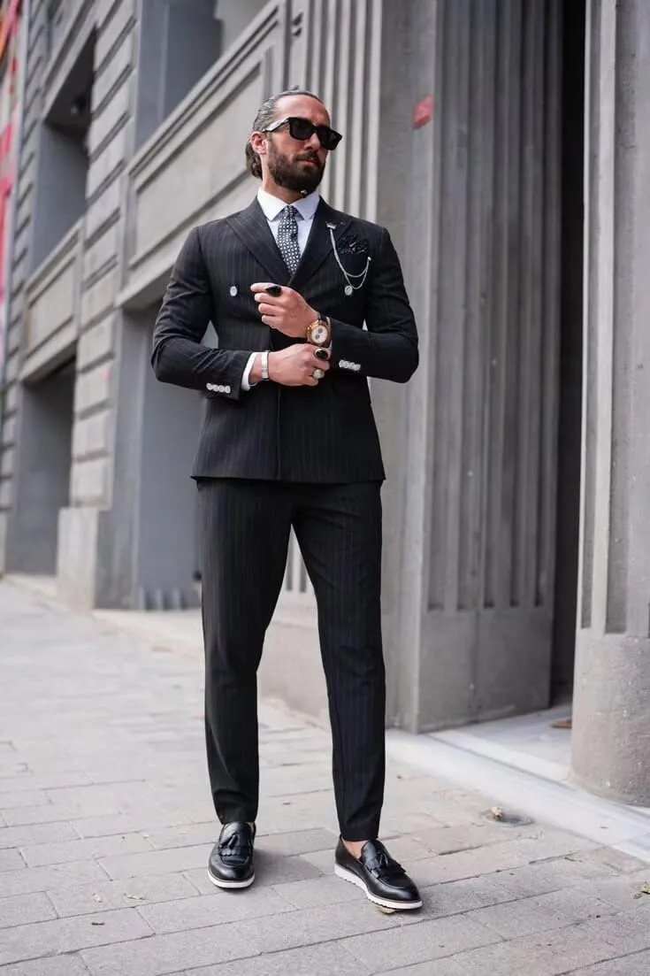 Men's Pinstripe Suit 2 Pieces Regular Fit Double-Breasted Blazer Pants for Wedding Suit Groom Prom Tuxedo Suit