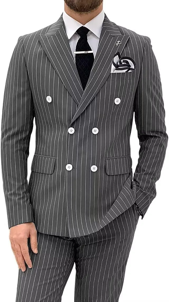 Men's Pinstripe Suit 2 Pieces Regular Fit Double-Breasted Blazer Pants for Wedding Suit Groom Prom Tuxedo Suit