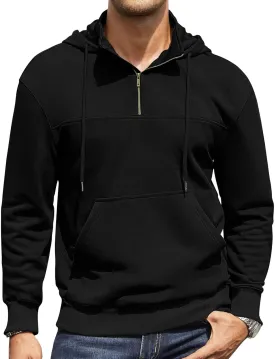 Men's Quarter Zip Pullover Hoodies Long Sleeve Weight 1/4 Half Zip Drawstring Hooded Sweatshirt Kangaroo Pocket