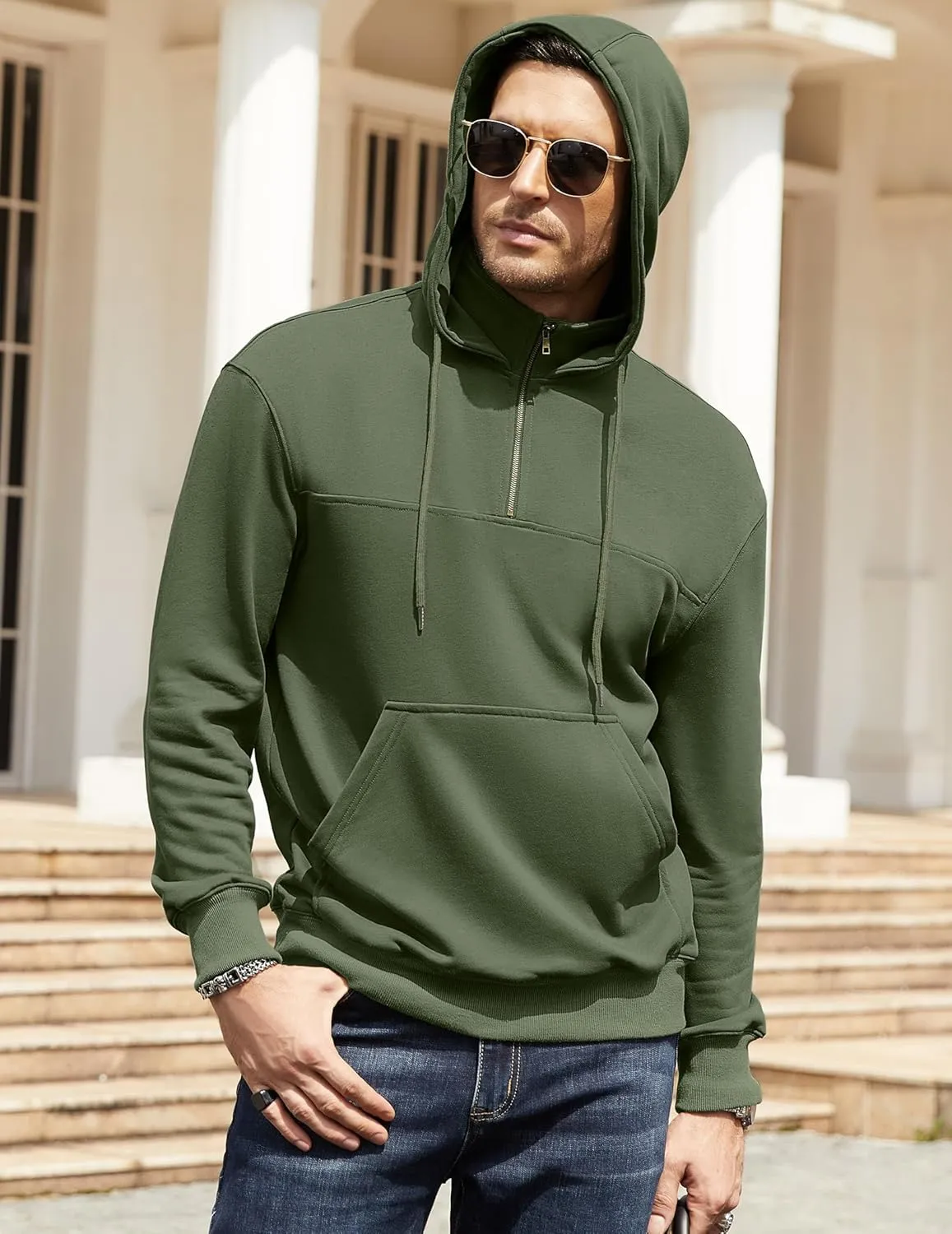 Men's Quarter Zip Pullover Hoodies Long Sleeve Weight 1/4 Half Zip Drawstring Hooded Sweatshirt Kangaroo Pocket