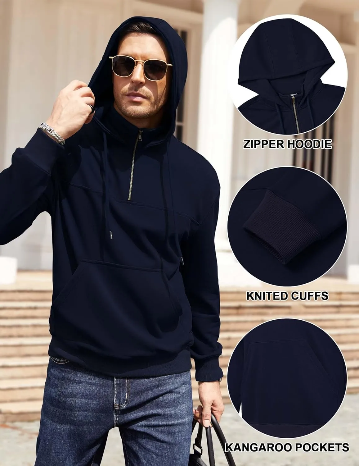 Men's Quarter Zip Pullover Hoodies Long Sleeve Weight 1/4 Half Zip Drawstring Hooded Sweatshirt Kangaroo Pocket