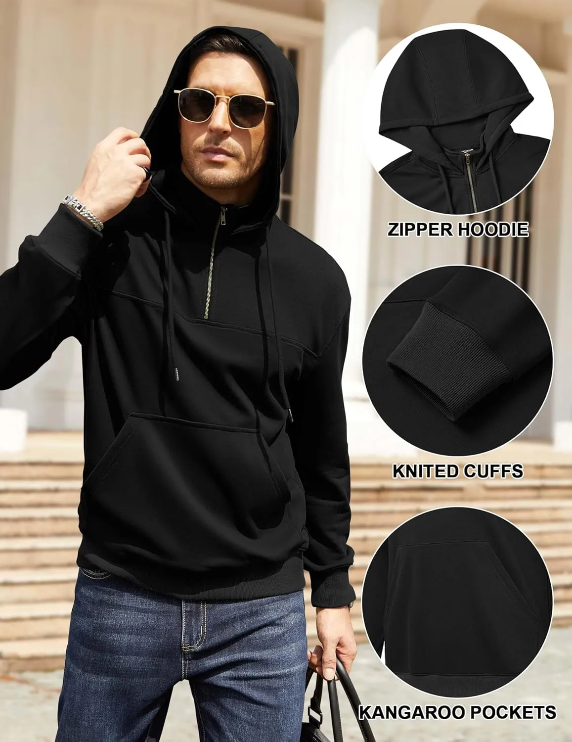 Men's Quarter Zip Pullover Hoodies Long Sleeve Weight 1/4 Half Zip Drawstring Hooded Sweatshirt Kangaroo Pocket