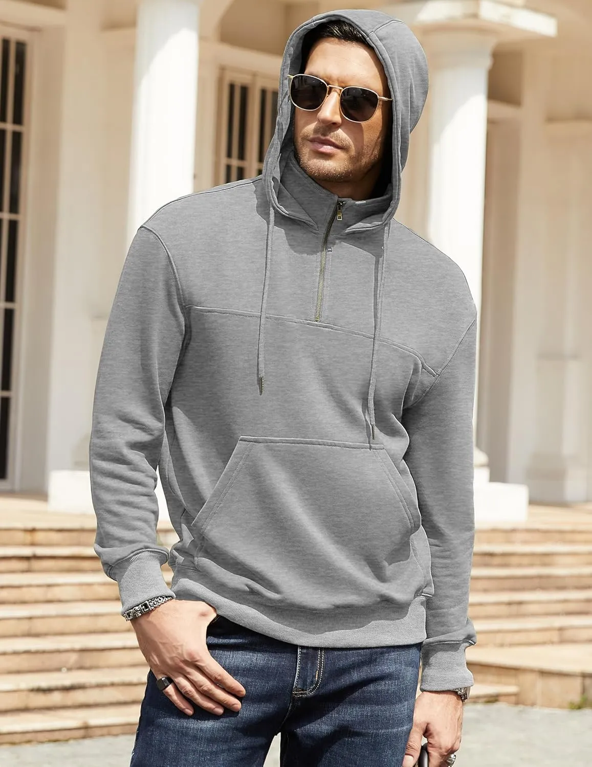 Men's Quarter Zip Pullover Hoodies Long Sleeve Weight 1/4 Half Zip Drawstring Hooded Sweatshirt Kangaroo Pocket