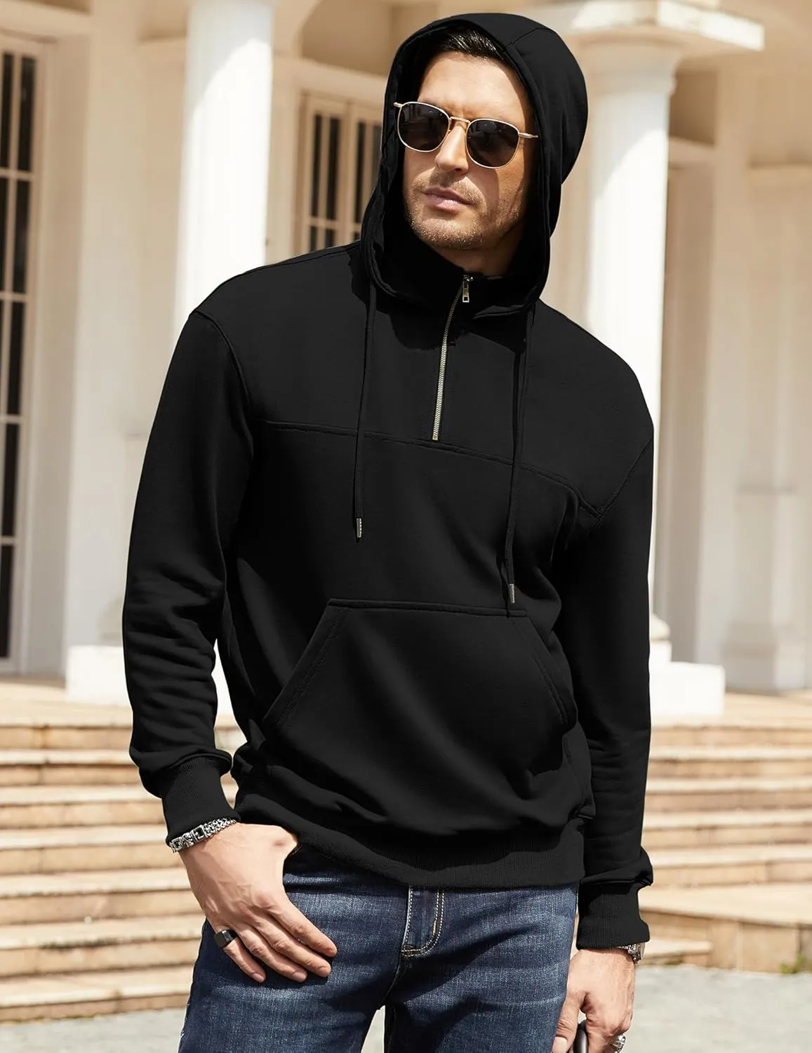 Men's Quarter Zip Pullover Hoodies Long Sleeve Weight 1/4 Half Zip Drawstring Hooded Sweatshirt Kangaroo Pocket