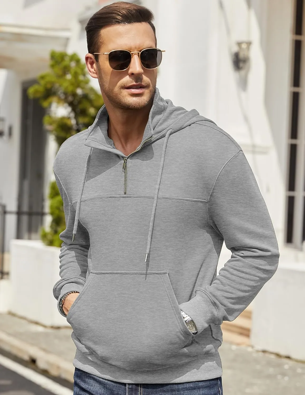 Men's Quarter Zip Pullover Hoodies Long Sleeve Weight 1/4 Half Zip Drawstring Hooded Sweatshirt Kangaroo Pocket