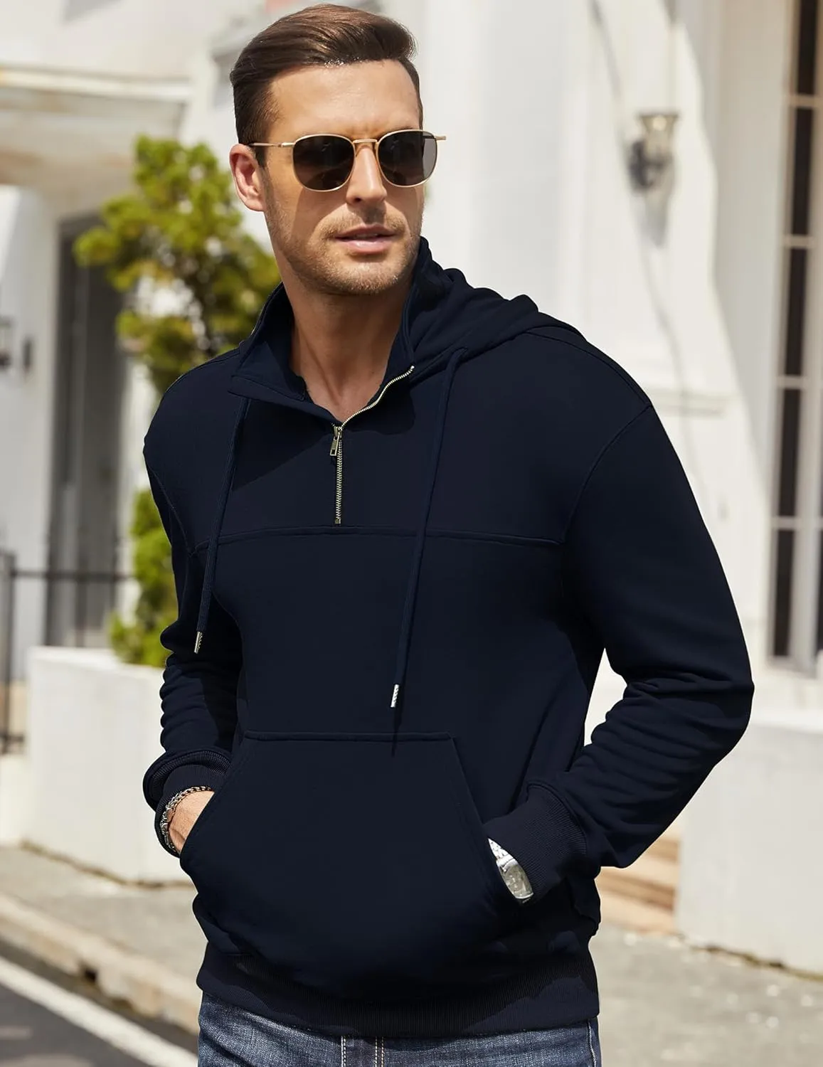 Men's Quarter Zip Pullover Hoodies Long Sleeve Weight 1/4 Half Zip Drawstring Hooded Sweatshirt Kangaroo Pocket