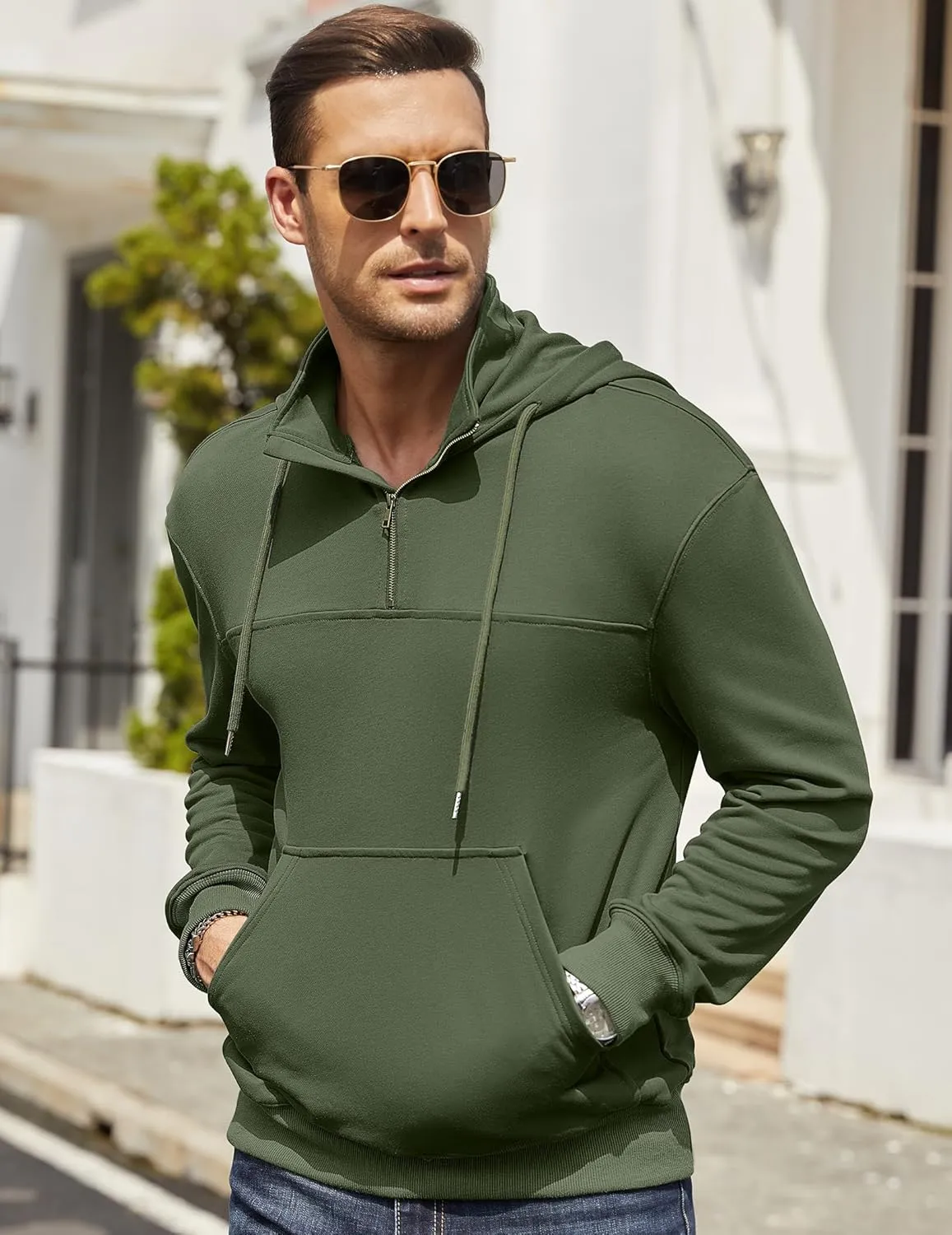 Men's Quarter Zip Pullover Hoodies Long Sleeve Weight 1/4 Half Zip Drawstring Hooded Sweatshirt Kangaroo Pocket