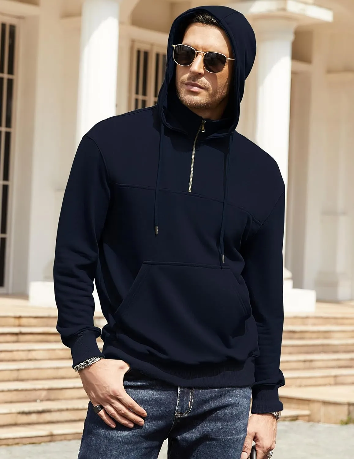 Men's Quarter Zip Pullover Hoodies Long Sleeve Weight 1/4 Half Zip Drawstring Hooded Sweatshirt Kangaroo Pocket