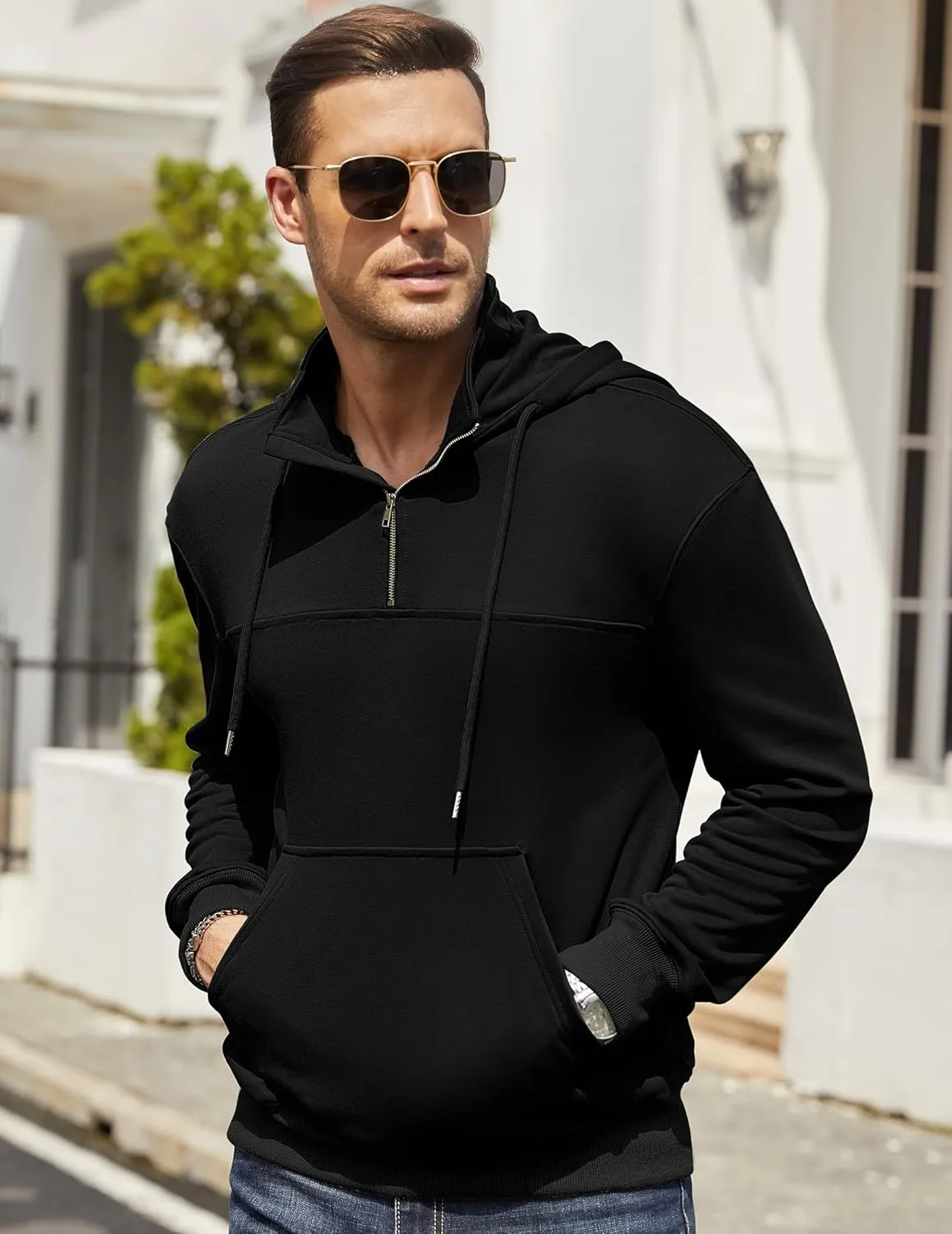 Men's Quarter Zip Pullover Hoodies Long Sleeve Weight 1/4 Half Zip Drawstring Hooded Sweatshirt Kangaroo Pocket