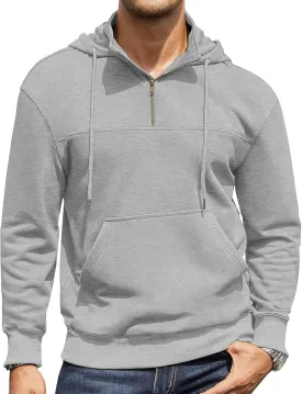 Men's Quarter Zip Pullover Hoodies Long Sleeve Weight 1/4 Half Zip Drawstring Hooded Sweatshirt Kangaroo Pocket