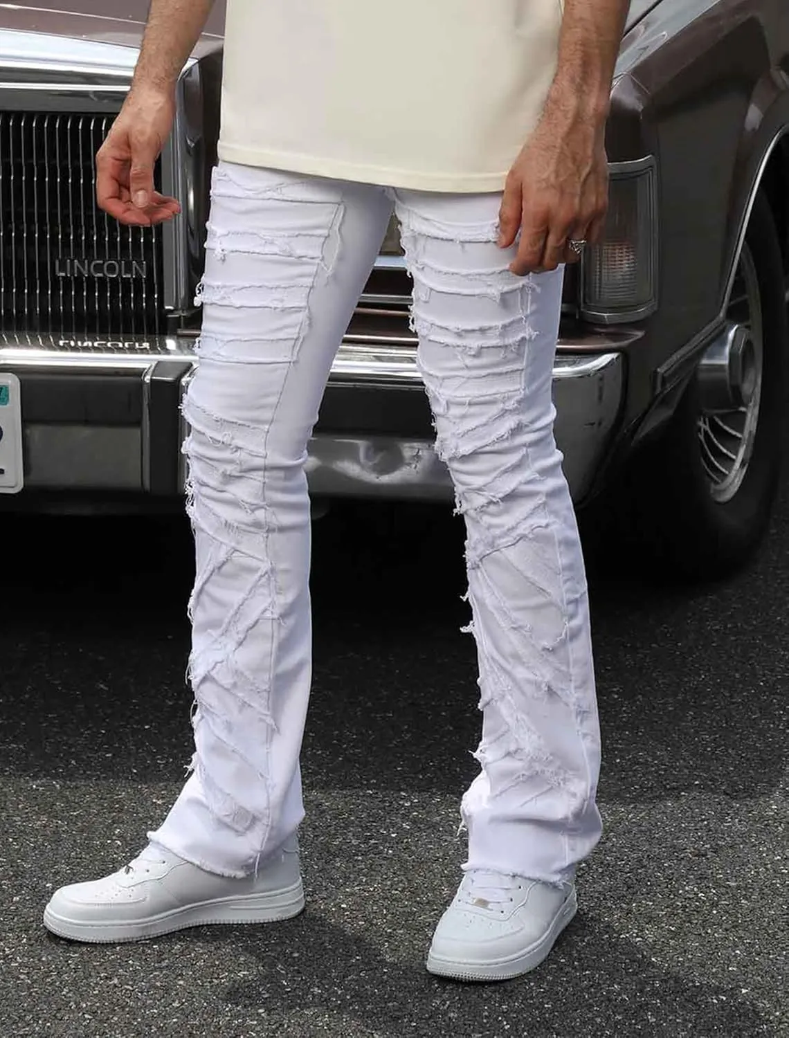 Men's Ripped Bootcut Jeans Slim Fit Bell Bottom Jeans for Men 70s Ripped Flared Denim Pants Stacked