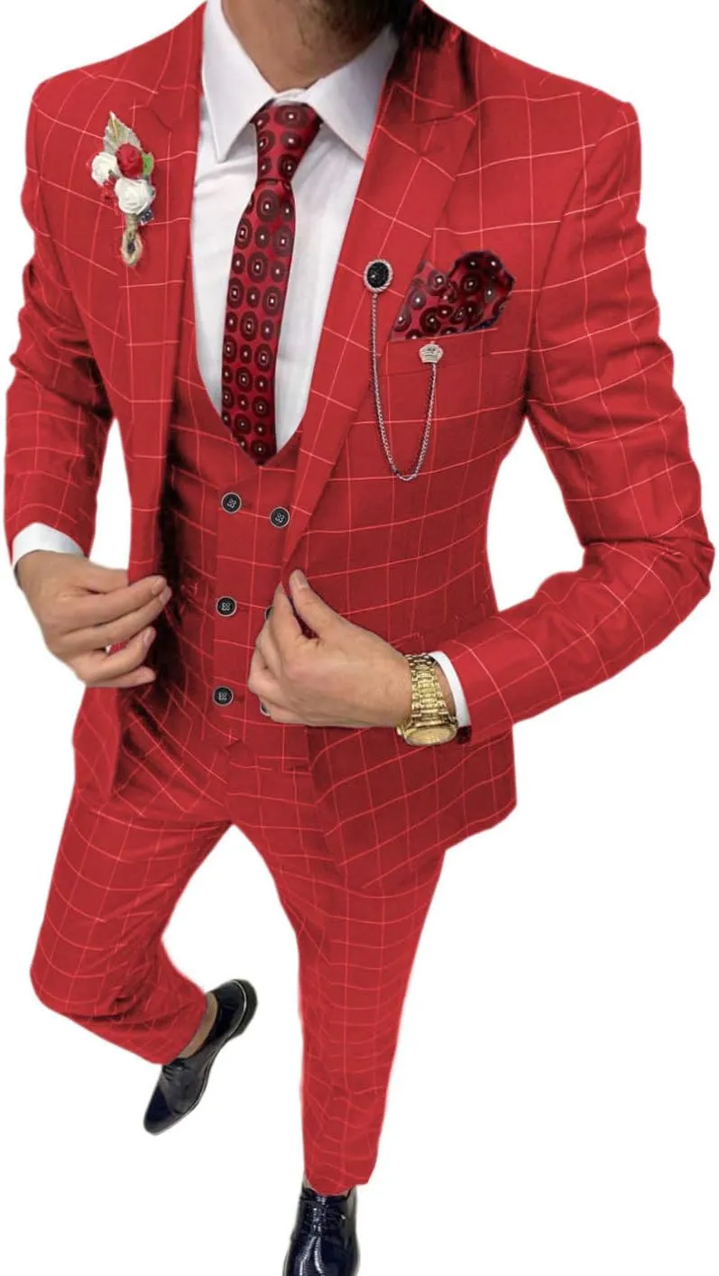 Mens Suit Plaid Tuxedos Business Suits Slim Fit Double Breasted