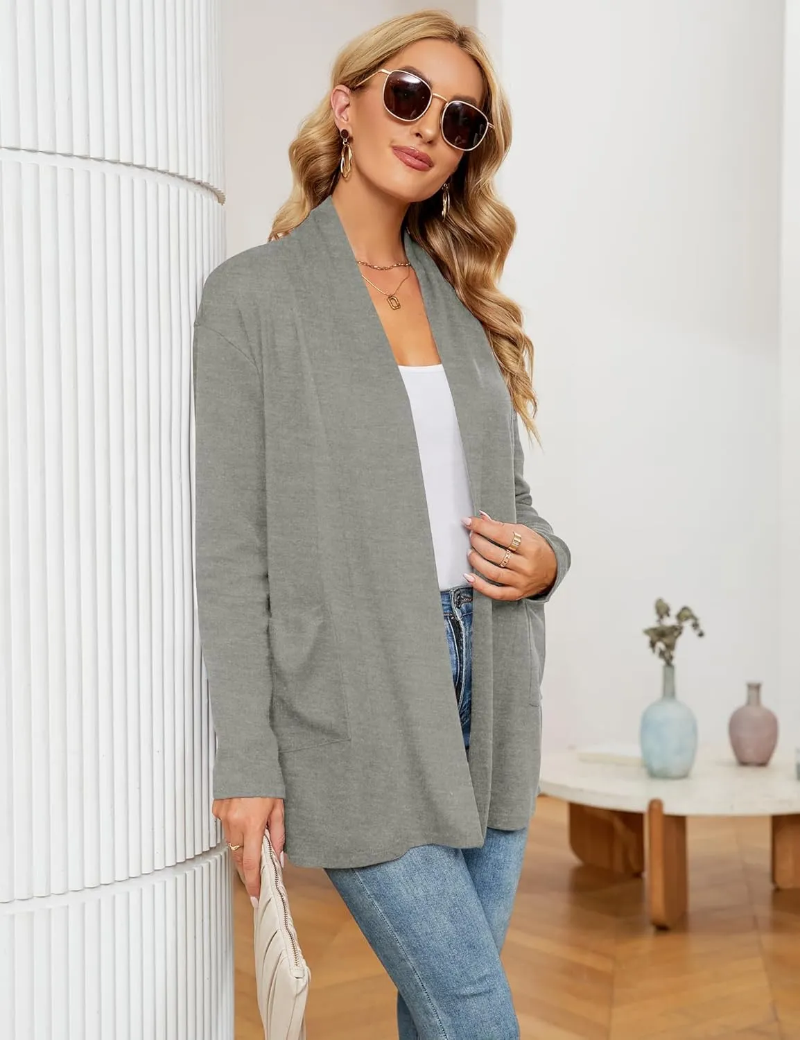 Micoson Women's Long Sleeve Open Front Cardigan Casual Loose Lightweight Cardigans with Pockets