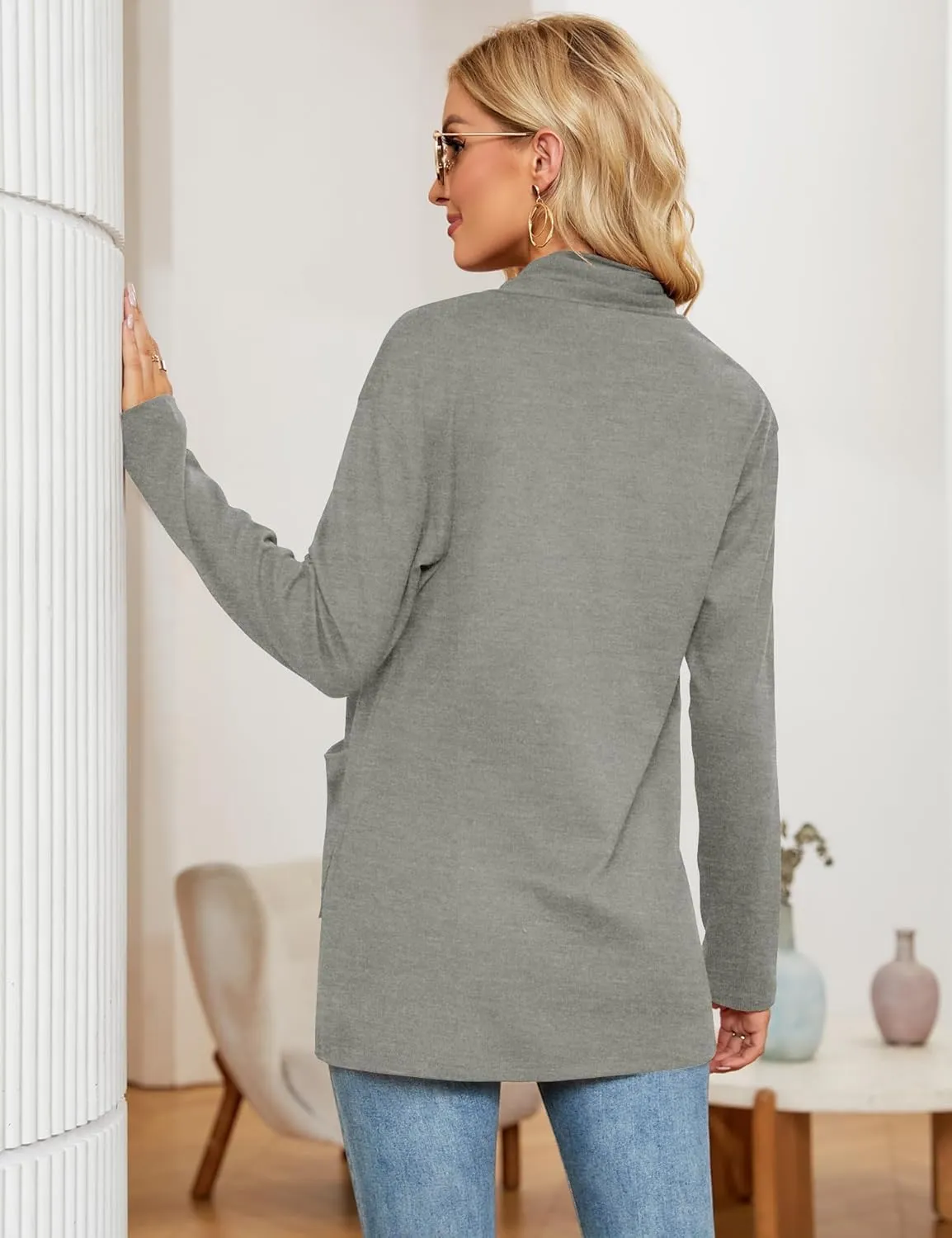 Micoson Women's Long Sleeve Open Front Cardigan Casual Loose Lightweight Cardigans with Pockets