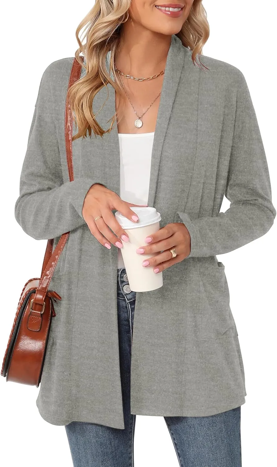 Micoson Women's Long Sleeve Open Front Cardigan Casual Loose Lightweight Cardigans with Pockets