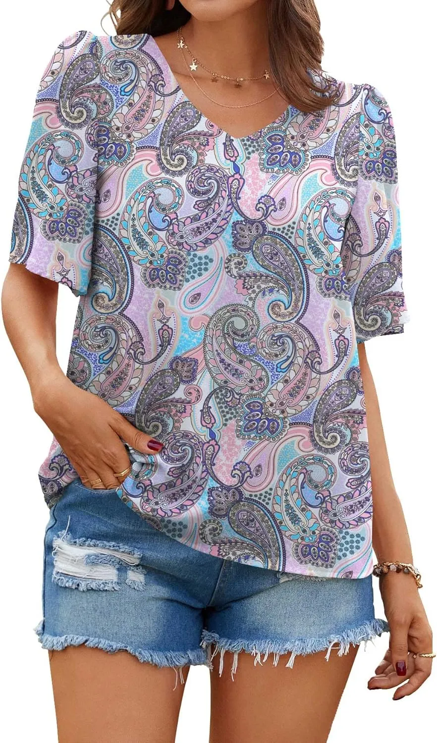 Neineiwu Women's Summer V Neck Floral Print Blouse Short Sleeve Loose Top Shirts