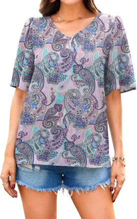 Neineiwu Women's Summer V Neck Floral Print Blouse Short Sleeve Loose Top Shirts Neineiwu Women's Summer V Neck Floral Print Blouse Short Sleeve Loose Top Shirts