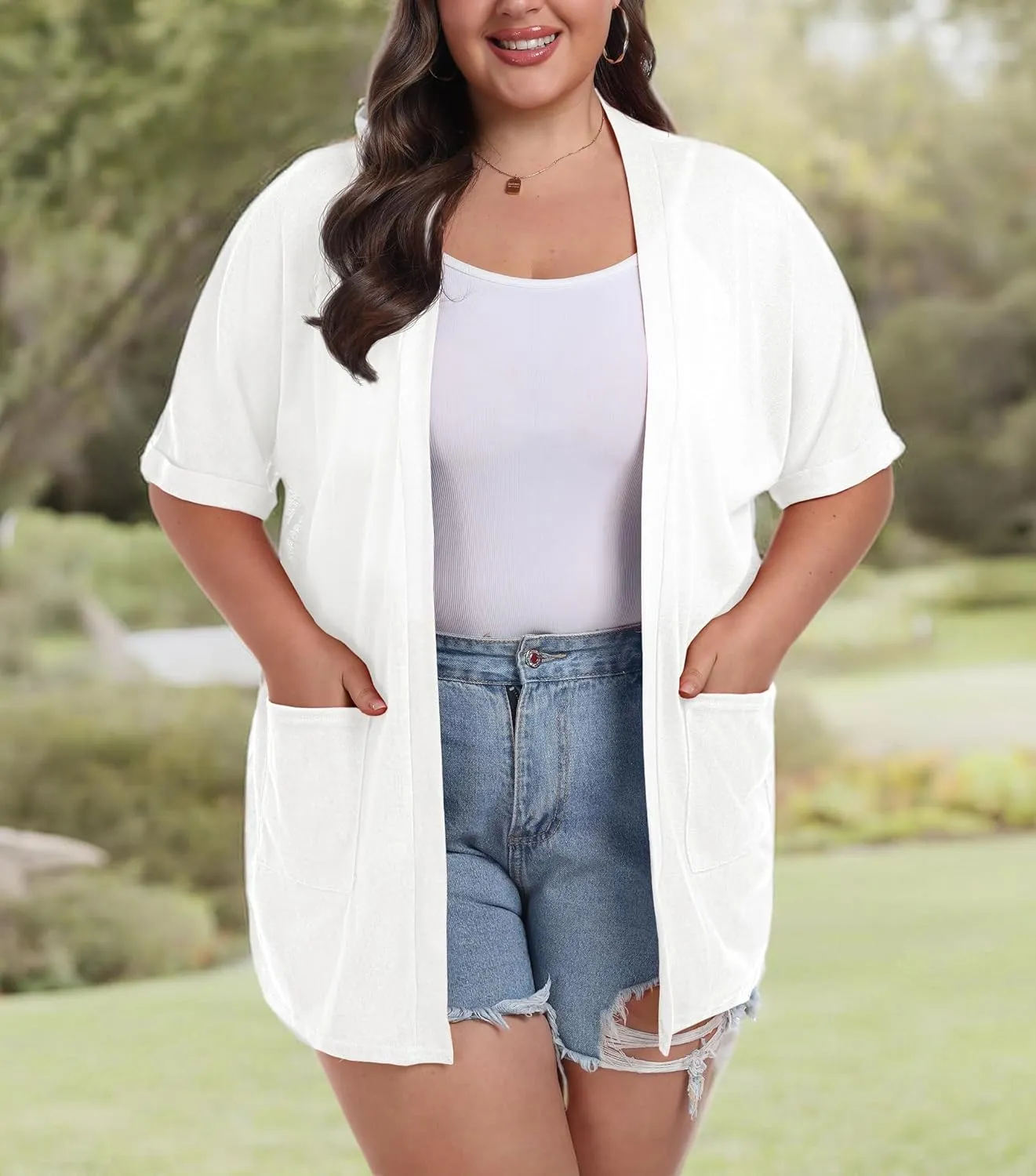 OLRIK Plus Size Lightweight Cardigan for Women Summer Sheer Short Sleeve Cardigan with Pockets Beach Cover Up