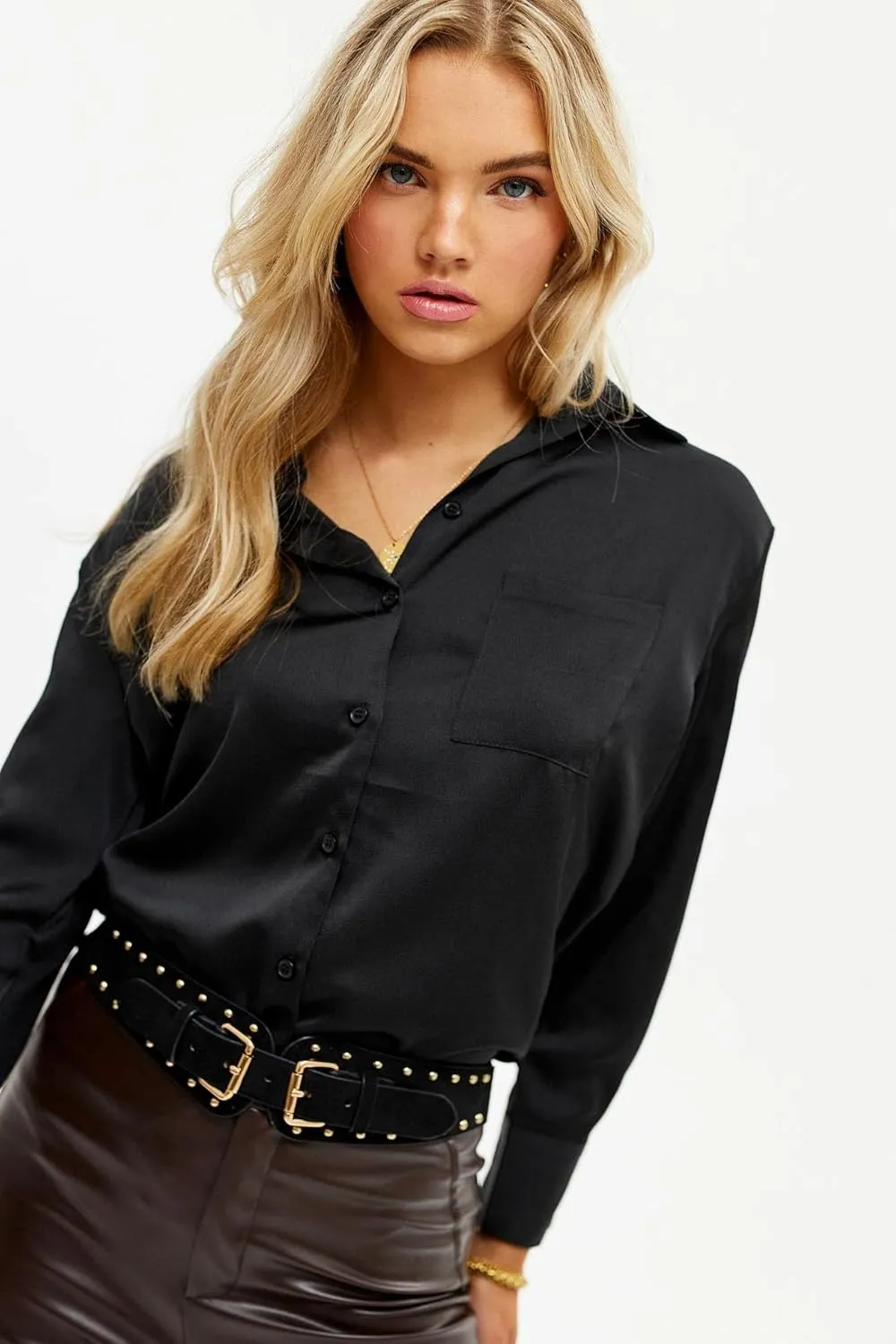 Pausus Satin Button Down Shirts for Women Long Sleeve Slim Fit Office Blouses Casual Business Silk Tops with Pocket S-XXL
