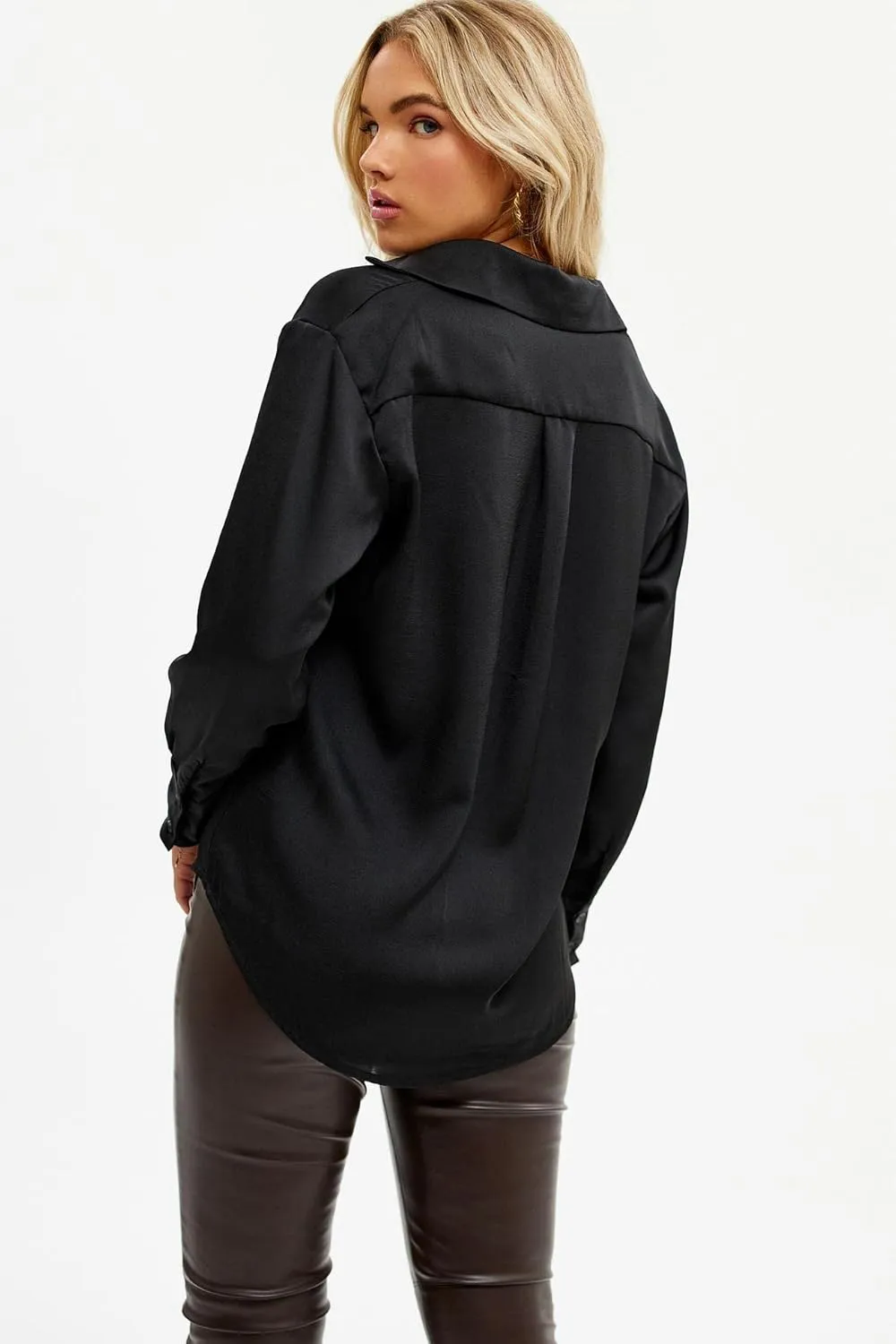 Pausus Satin Button Down Shirts for Women Long Sleeve Slim Fit Office Blouses Casual Business Silk Tops with Pocket S-XXL