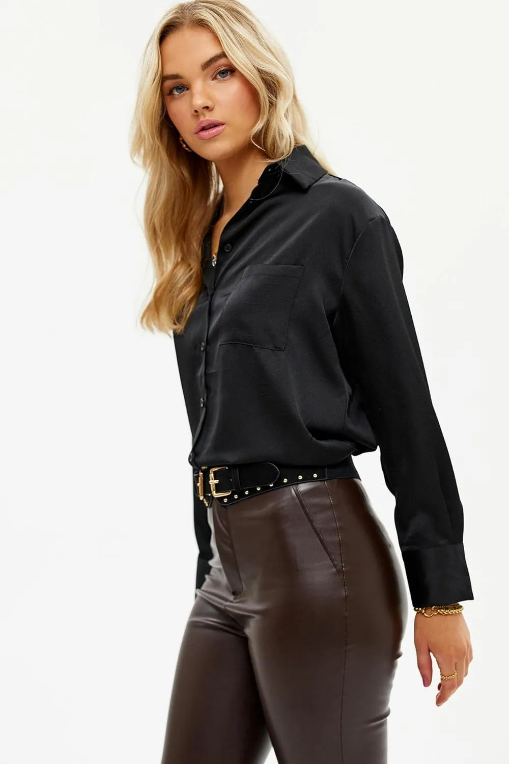 Pausus Satin Button Down Shirts for Women Long Sleeve Slim Fit Office Blouses Casual Business Silk Tops with Pocket S-XXL