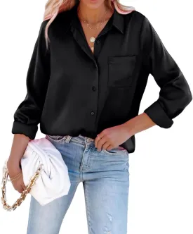 Pausus Satin Button Down Shirts for Women Long Sleeve Slim Fit Office Blouses Casual Business Silk Tops with Pocket S-XXL