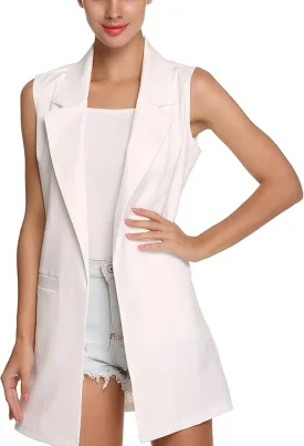 SCUSTY Women's Sleeveless Cardigan Vest Casual Long Open Front Office Blazer Jacket