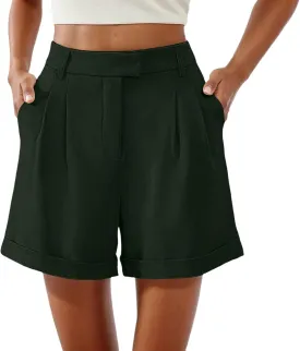 Shorts for Women Dressy Casual Summer Elastic Waist in The Back Pleated Wide Leg Tailored Work Trouser Shorts