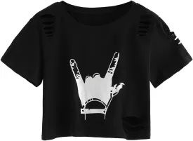 SweatyRocks Women's Short Sleeve T Shirt Graphic Print Distressed Crop Top