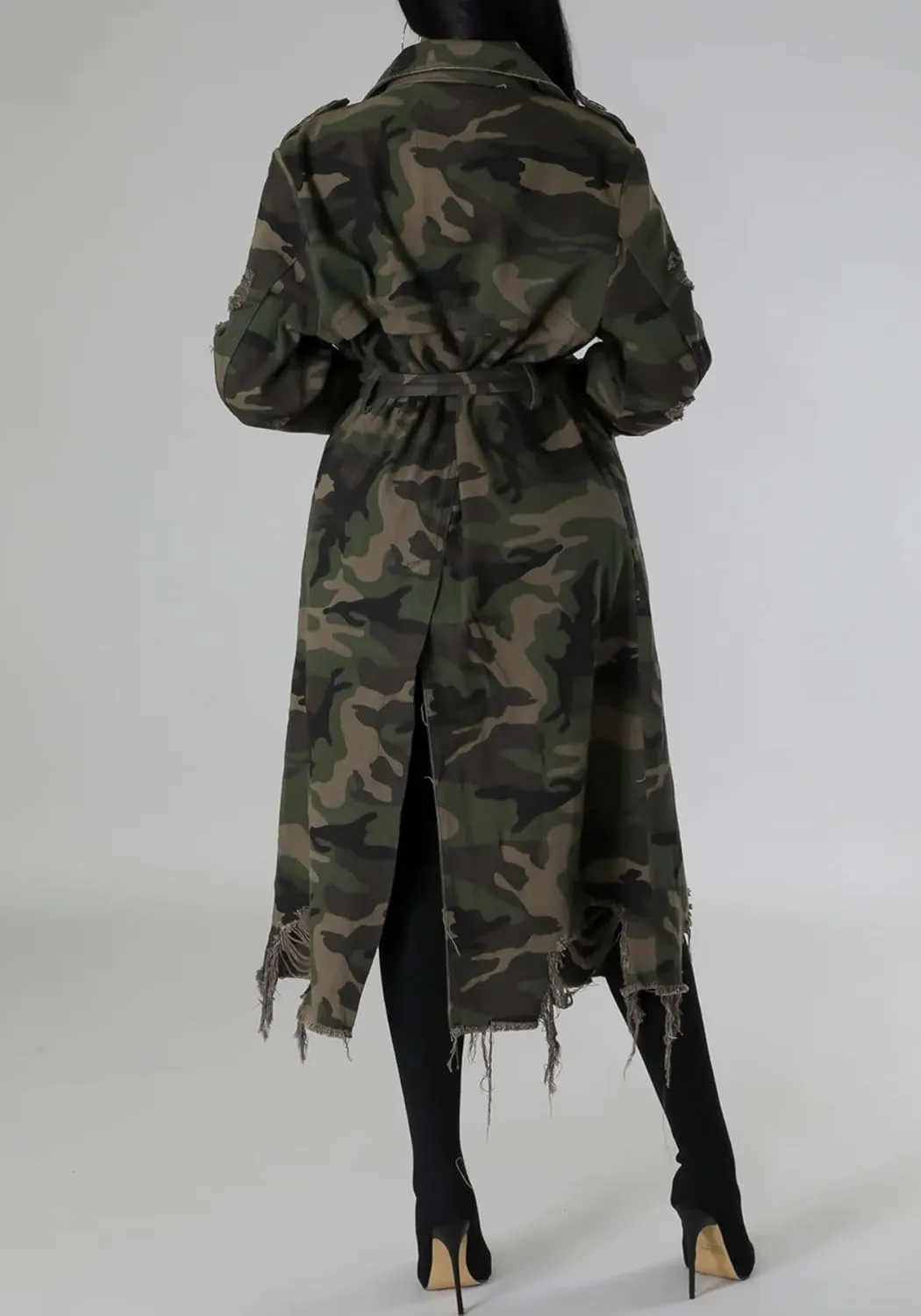 Tbahhir Long Camo Trench Coat for Women Long Sleeve Lapel Distressed Camouflage Army Fatigue Jacket Overcoat with Belt