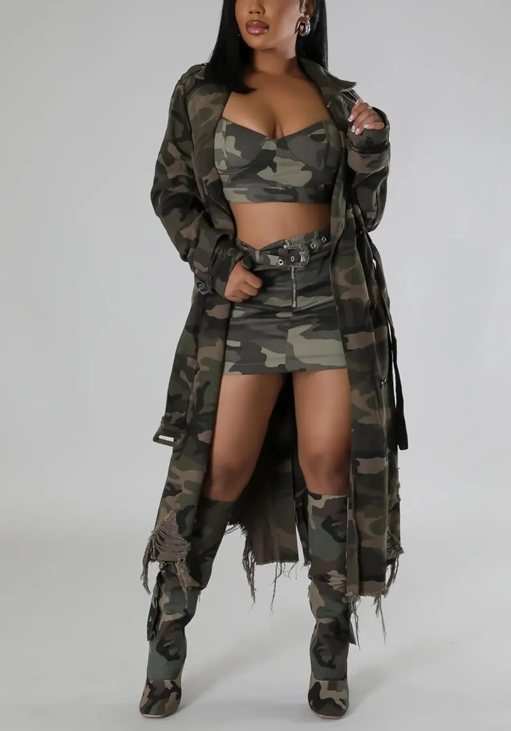 Tbahhir Long Camo Trench Coat for Women Long Sleeve Lapel Distressed Camouflage Army Fatigue Jacket Overcoat with Belt