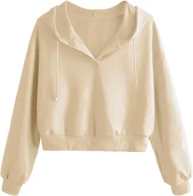 Verdusa Women's Long Sleeve Drop Shoulder Drawstring Crop Hoodie Sweatshirt