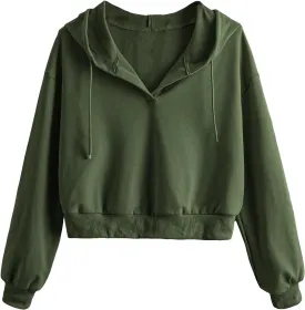 Verdusa Women's Long Sleeve Drop Shoulder Drawstring Crop Hoodie Sweatshirt