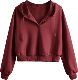 Verdusa Women's Long Sleeve Drop Shoulder Drawstring Crop Hoodie Sweatshirt