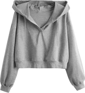 Verdusa Women's Long Sleeve Drop Shoulder Drawstring Crop Hoodie Sweatshirt