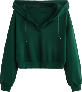 Verdusa Women's Long Sleeve Drop Shoulder Drawstring Crop Hoodie Sweatshirt