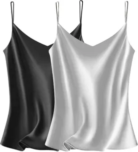 VIDUSSA Sexy Tank Tops Womens Satin Cami Top Pack V Neck Camisole Spaghetti Strap Tank Loose Sleeveless Blouses
