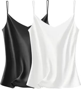 VIDUSSA Sexy Tank Tops Womens Satin Cami Top Pack V Neck Camisole Spaghetti Strap Tank Loose Sleeveless Blouses