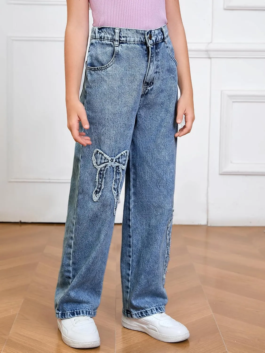 WDIRARA Girl's Bowknot Print Washed Jean Elastic Waist Denim Pants Straight Leg Trousers with Pockets