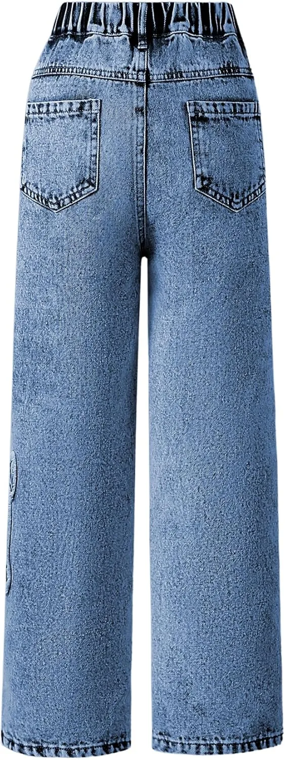 WDIRARA Girl's Bowknot Print Washed Jean Elastic Waist Denim Pants Straight Leg Trousers with Pockets