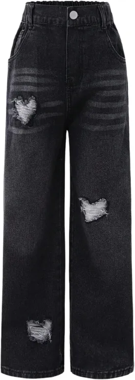 WDIRARA Girl's Bowknot Print Washed Jean Elastic Waist Denim Pants Straight Leg Trousers with Pockets