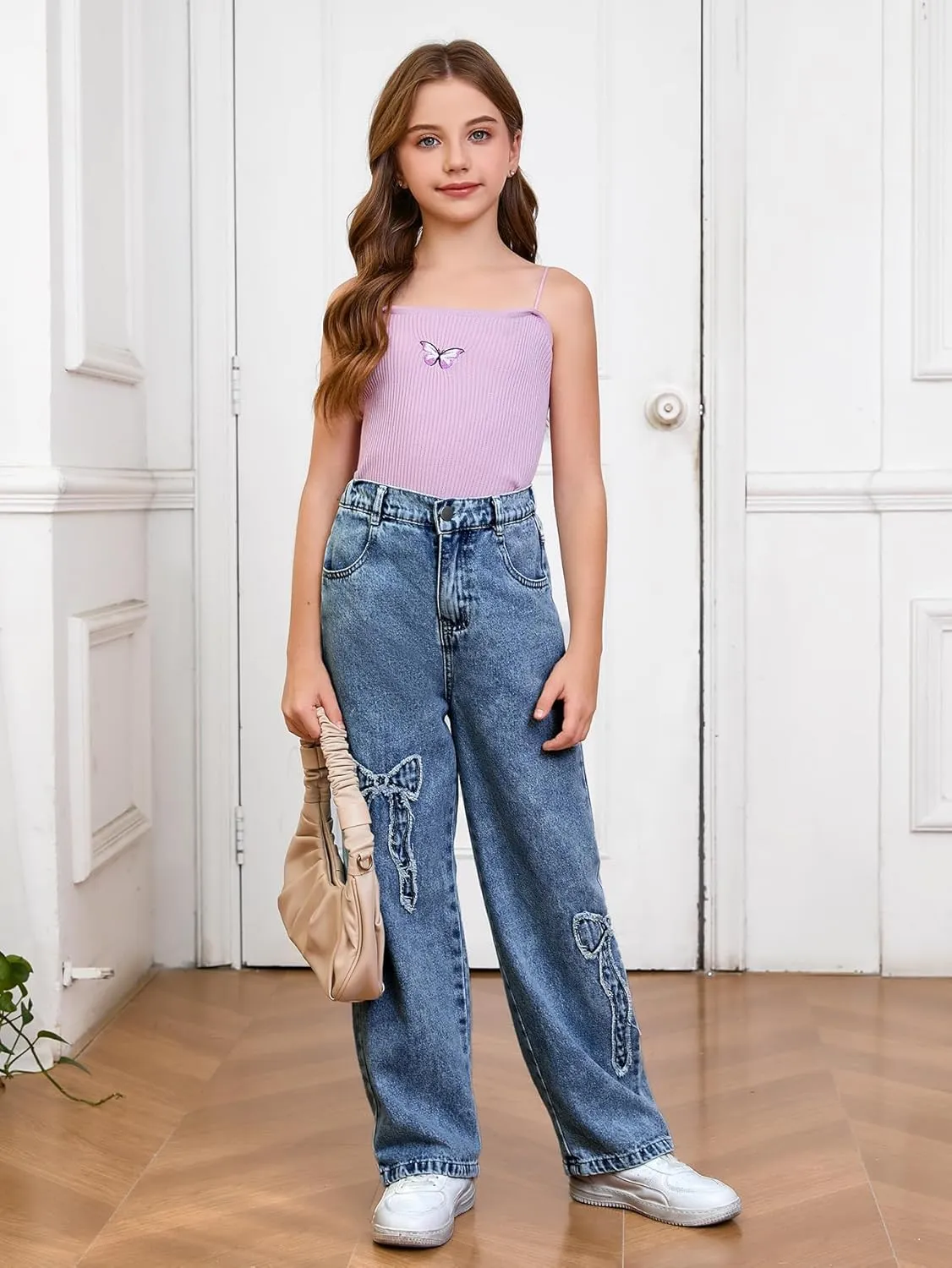 WDIRARA Girl's Bowknot Print Washed Jean Elastic Waist Denim Pants Straight Leg Trousers with Pockets